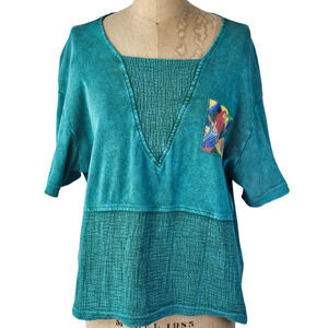 Top Y2K Michael Leu green knit parrot patch oversized shirt Medium